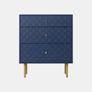 Cómoda alta com 3 gavetas azul marinho, padrão escama, pés dourados A89L75P40 cm