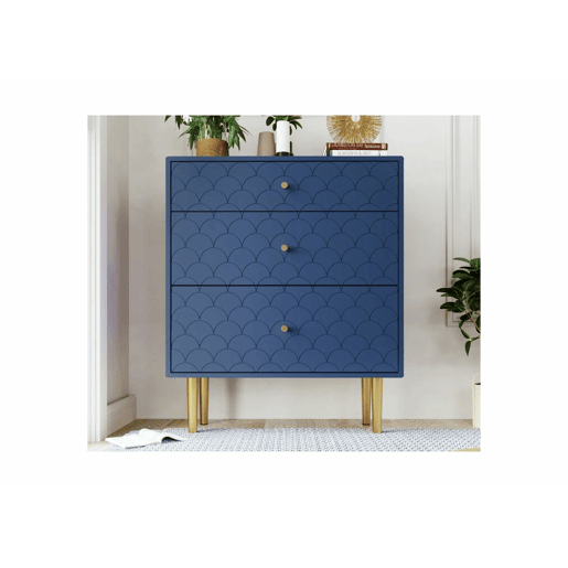 Cómoda alta com 3 gavetas azul marinho, padrão escama, pés dourados A89L75P40 cm