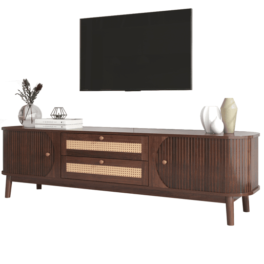 Suporte para TV em madeira maciça e rotim 170 cm - 2 gavetas e 2 portas - estilo rústico - castanho