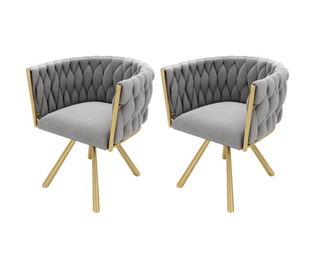 Juego de 2 sillas giratorias de terciopelo con reposabrazos - patas de metal dorado - gris
