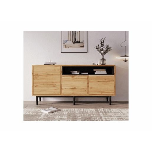 Aparador moderno em madeira com 3 portas, 1 nicho e prateleiras 160x35x76 cm