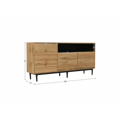 Aparador moderno em madeira com 3 portas, 1 nicho e prateleiras 160x35x76 cm