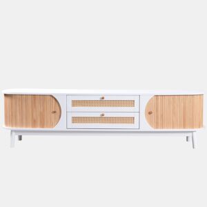 Suporte para TV em madeira maciça e rotim 170 cm - 2 gavetas e 2 portas - estilo rústico - natural