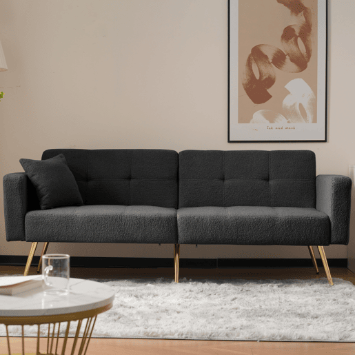 Sofá convertível com encosto regulável - 2 lugares - Tecido felpudo francês - Cinzento