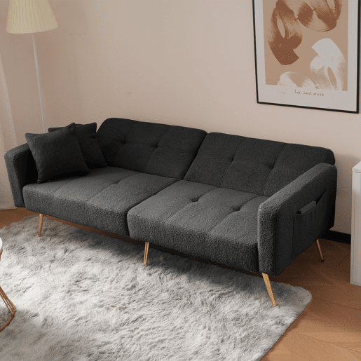Sofá convertível com encosto regulável - 2 lugares - Tecido felpudo francês - Cinzento