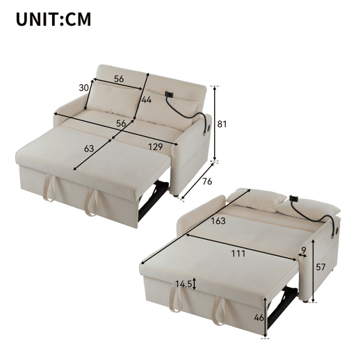 Sofá regulável multi-ângulo convertível em tecido chenille - 2 lugares - com suporte para telemóvel e portas USB - Bege