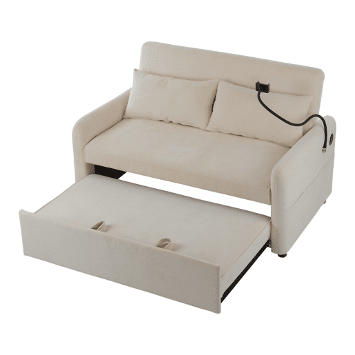 Sofá regulável multi-ângulo convertível em tecido chenille - 2 lugares - com suporte para telemóvel e portas USB - Bege