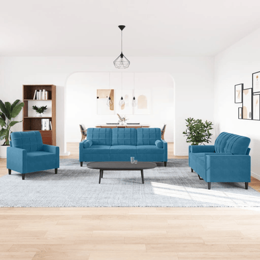 vidaXL 3 pcs conjunto de sofás com almofadões e rolos veludo azul vidaXL 3 pcs conjunto de sofás com almofadões e rolos veludo azul