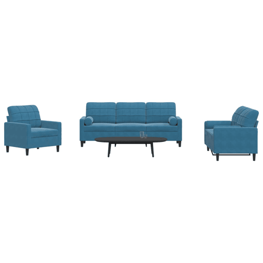 vidaXL 3 pcs conjunto de sofás com almofadões e rolos veludo azul vidaXL 3 pcs conjunto de sofás com almofadões e rolos veludo azul