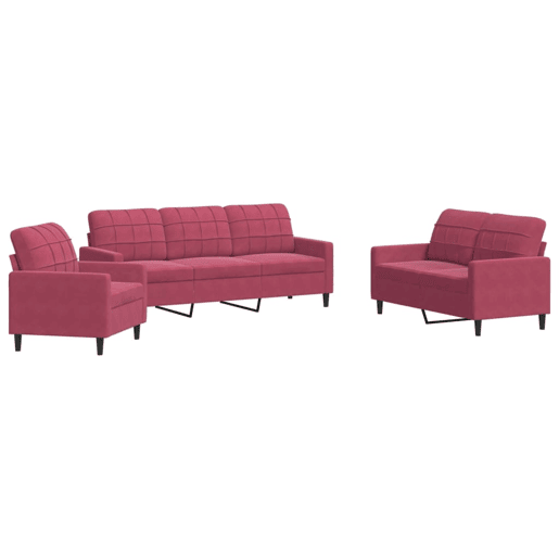 vidaXL 3 pcs conjunto de sofás com almofadões veludo vermelho tinto