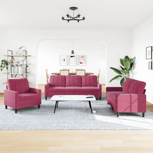 vidaXL 3 pcs conjunto de sofás com almofadões veludo vermelho tinto
