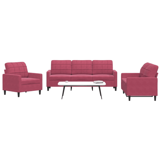 vidaXL 3 pcs conjunto de sofás com almofadões veludo vermelho tinto