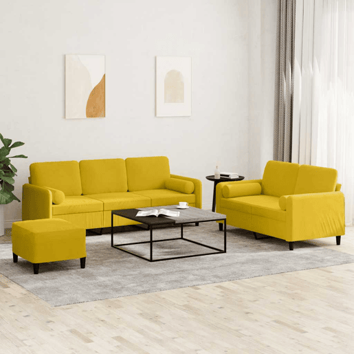 vidaXL 3 pcs conjunto de sofás com almofadas veludo amarelo vidaXL 3 pcs conjunto de sofás com almofadas veludo amarelo