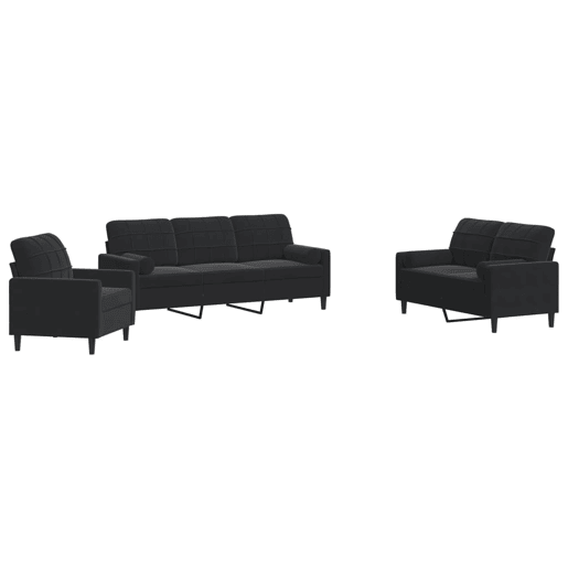 vidaXL 3 pcs conjunto de sofás com almofadões e rolos veludo preto vidaXL 3 pcs conjunto de sofás com almofadões e rolos veludo preto