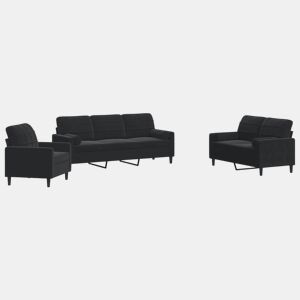 vidaXL 3 pcs conjunto de sofás com almofadões e rolos veludo preto