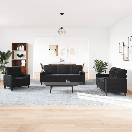 vidaXL 3 pcs conjunto de sofás com almofadões e rolos veludo preto vidaXL 3 pcs conjunto de sofás com almofadões e rolos veludo preto