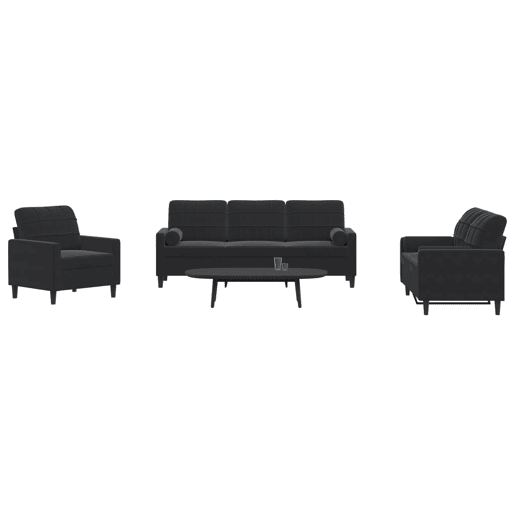 vidaXL 3 pcs conjunto de sofás com almofadões e rolos veludo preto vidaXL 3 pcs conjunto de sofás com almofadões e rolos veludo preto