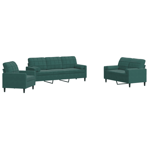 vidaXL 3 pcs conjunto sofás com almofadões e rolos veludo verde-escuro vidaXL 3 pcs conjunto sofás com almofadões e rolos veludo verde-escuro