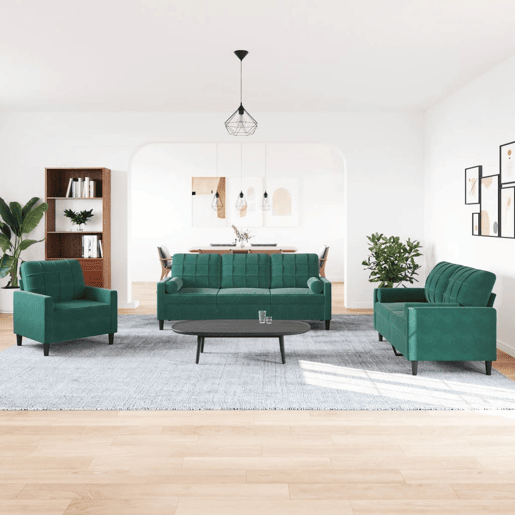 vidaXL 3 pcs conjunto sofás com almofadões e rolos veludo verde-escuro vidaXL 3 pcs conjunto sofás com almofadões e rolos veludo verde-escuro