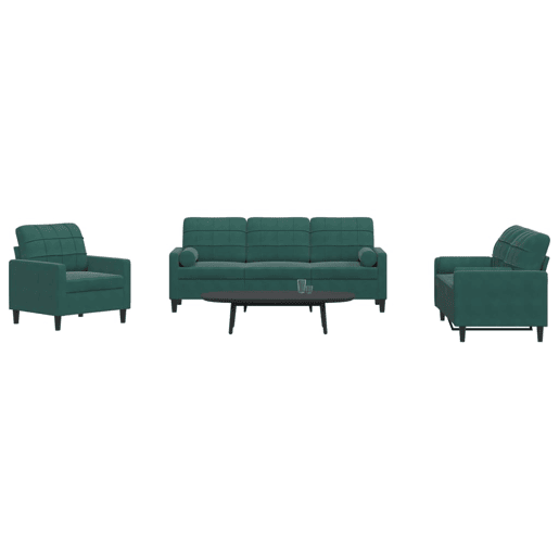 vidaXL 3 pcs conjunto sofás com almofadões e rolos veludo verde-escuro vidaXL 3 pcs conjunto sofás com almofadões e rolos veludo verde-escuro