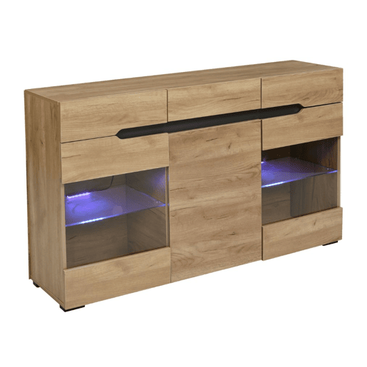 Aparador LED moderno com arrumação, 3 portas, 3 gavetas, 140 x 35 x 80 cm