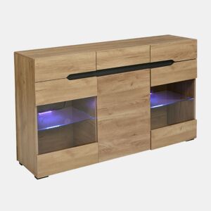 Aparador LED moderno com arrumação, 3 portas, 3 gavetas, 140 x 35 x 80 cm