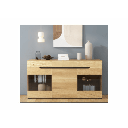 Aparador LED moderno com arrumação, 3 portas, 3 gavetas, 140 x 35 x 80 cm
