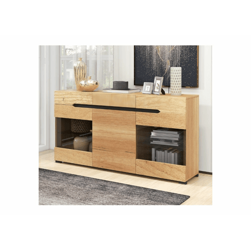 Aparador LED moderno com arrumação, 3 portas, 3 gavetas, 140 x 35 x 80 cm