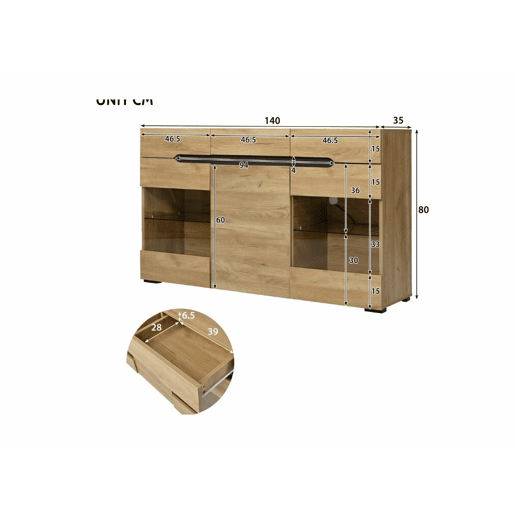 Aparador LED moderno com arrumação, 3 portas, 3 gavetas, 140 x 35 x 80 cm