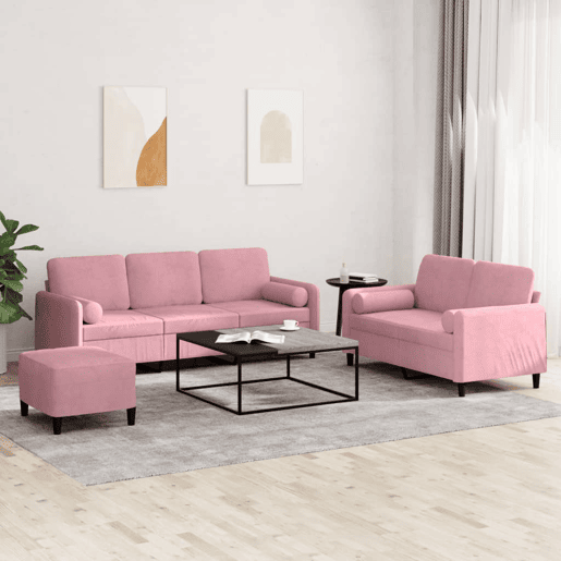vidaXL 3 pcs conjunto de sofás com almofadas veludo rosa