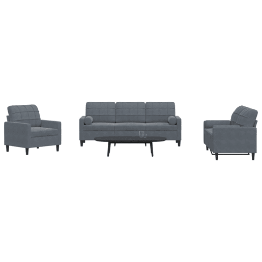 vidaXL 3 pcs conjunto sofás com almofadões e rolos veludo cinza-escuro