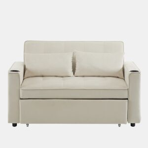 Sofá-cama rebatível multi-ângulo ajustável - 2 lugares - Tecido de veludo - Com suportes para copos e almofadas - Bege