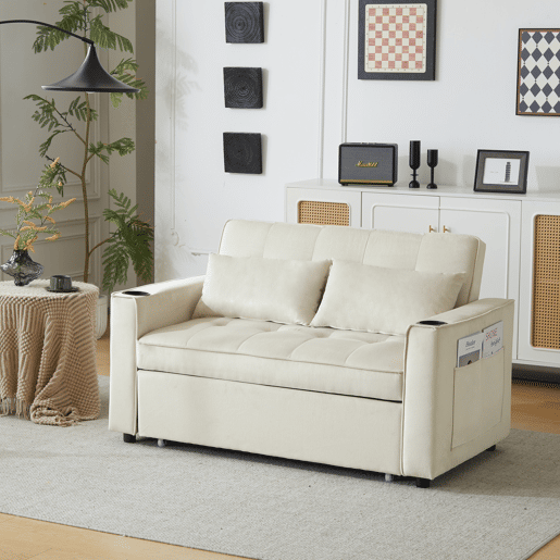 Sofá-cama rebatível multi-ângulo ajustável - 2 lugares - Tecido de veludo - Com suportes para copos e almofadas - Bege