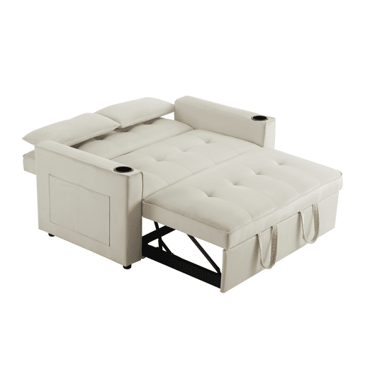 Sofá-cama rebatível multi-ângulo ajustável - 2 lugares - Tecido de veludo - Com suportes para copos e almofadas - Bege