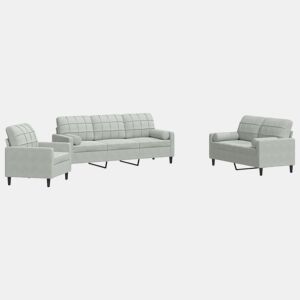 vidaXL 3 pcs conjunto sofás com almofadões e rolos veludo cinza-claro