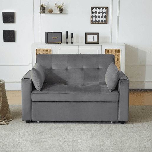 Sofá-cama rebatível multi-ângulo ajustável - 2 lugares - Tecido de veludo - com suporte para copos e almofadas - Cinzento