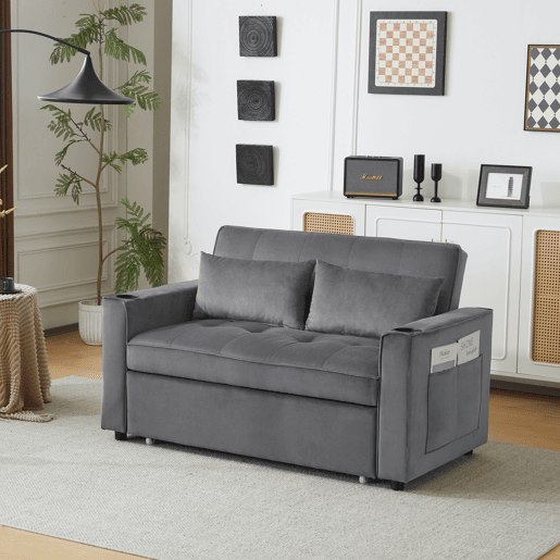 Sofá-cama rebatível multi-ângulo ajustável - 2 lugares - Tecido de veludo - com suporte para copos e almofadas - Cinzento
