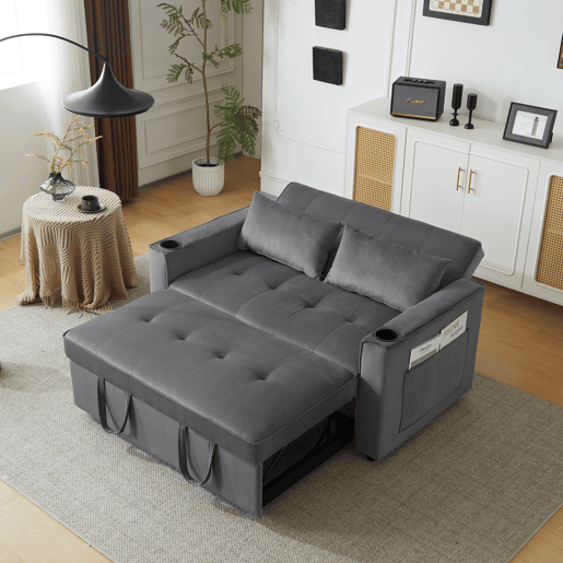 Sofá-cama rebatível multi-ângulo ajustável - 2 lugares - Tecido de veludo - com suporte para copos e almofadas - Cinzento