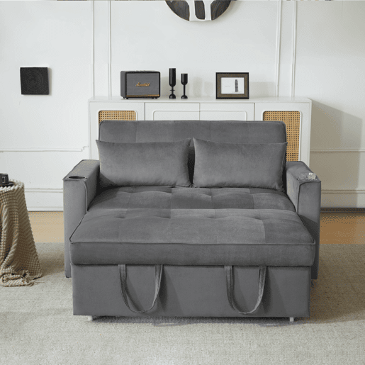 Sofá-cama rebatível multi-ângulo ajustável - 2 lugares - Tecido de veludo - com suporte para copos e almofadas - Cinzento