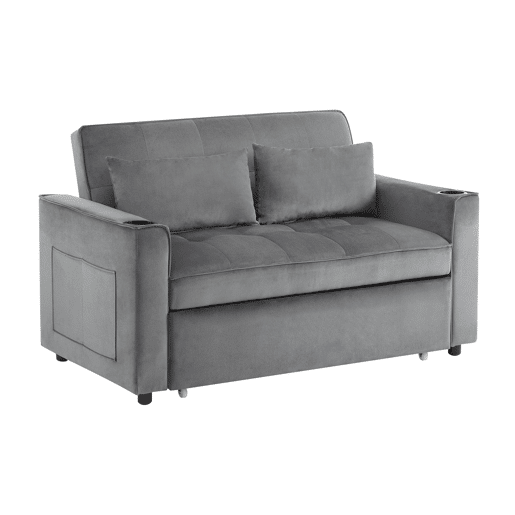 Sofá-cama rebatível multi-ângulo ajustável - 2 lugares - Tecido de veludo - com suporte para copos e almofadas - Cinzento