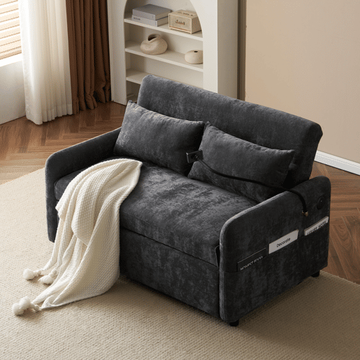 Sofá regulável multi-ângulo convertível em tecido chenille - 2 lugares - com suporte para telemóvel e portas USB - Cinzento