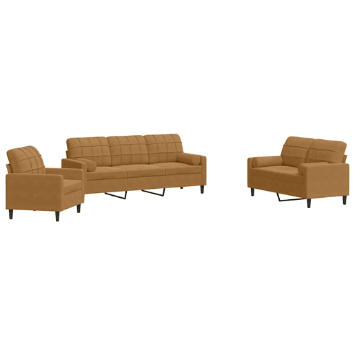 vidaXL 3 pcs conjunto de sofás com almofadões e rolos veludo castanho vidaXL 3 pcs conjunto de sofás com almofadões e rolos veludo castanho