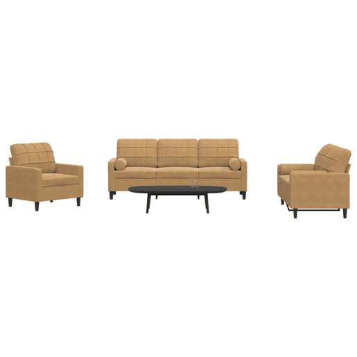 vidaXL 3 pcs conjunto de sofás com almofadões e rolos veludo castanho vidaXL 3 pcs conjunto de sofás com almofadões e rolos veludo castanho