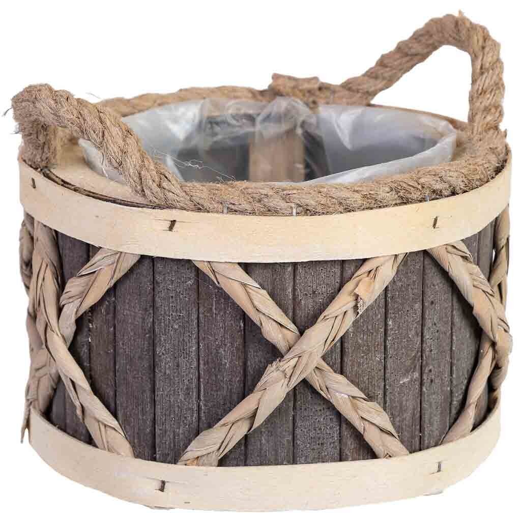 Cesta redonda de madera gris con asas 18x18x12h cm