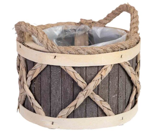 Cesta redonda de madera gris con asas 18x18x12h cm