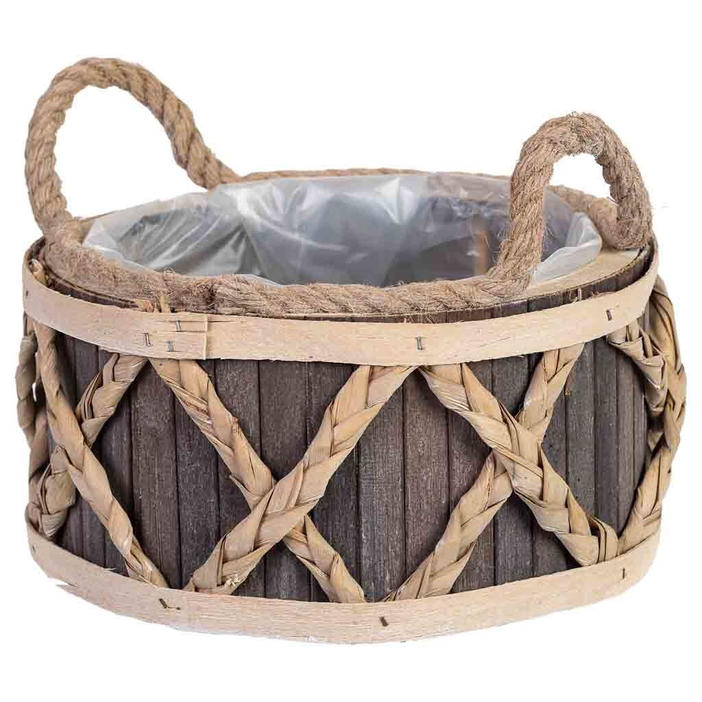 Cesta redonda de madera gris con asas 24x24x13h cm