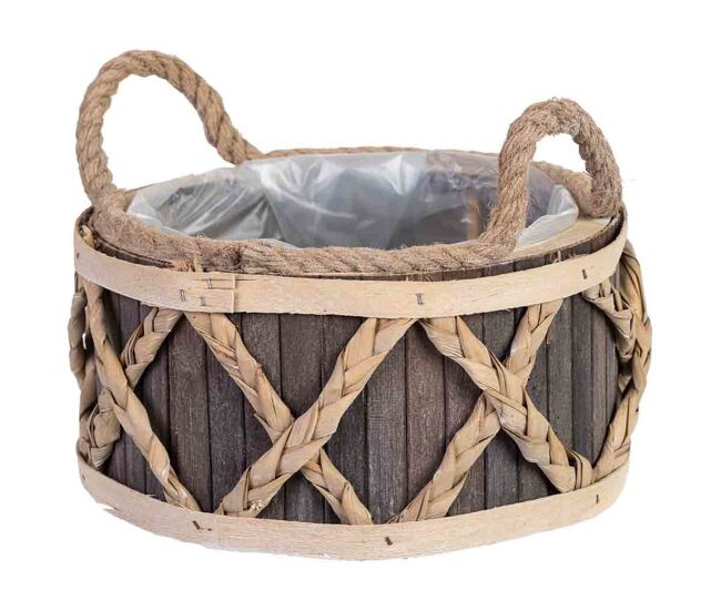 Cesta redonda de madera gris con asas 24x24x13h cm
