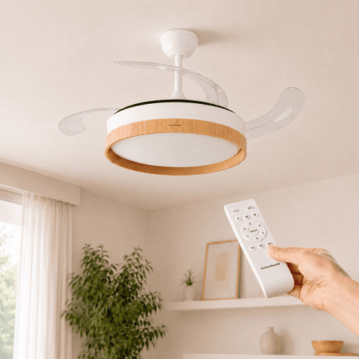 Ventoinha de Teto com Luz LED e 4 Pás Retráteis Woteez InnovaGoods Madeira 72 W Ø49-104 cm