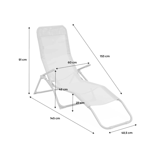 Espreguiçadeira dobrável textilene com 2 posições, set de 2, Levito, Branco, 70x165x60 cm
