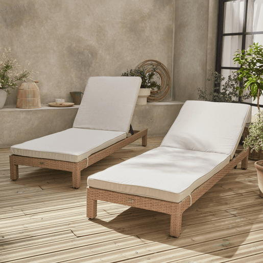 Espreguiçadeira em resina tecida, multi-posição, set de 2, Pisa x2, Natural, 195x65x84 cm